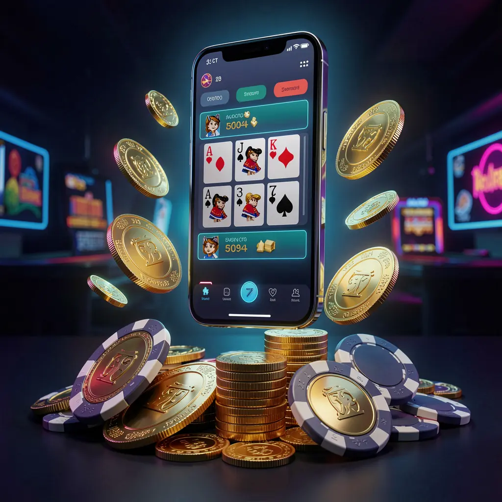 9V9V online casino app promotion banner featuring a phone floating above golden coins and poker chips with a dark blue and black background illuminated by cinematic neon glow in a realistic 3D render