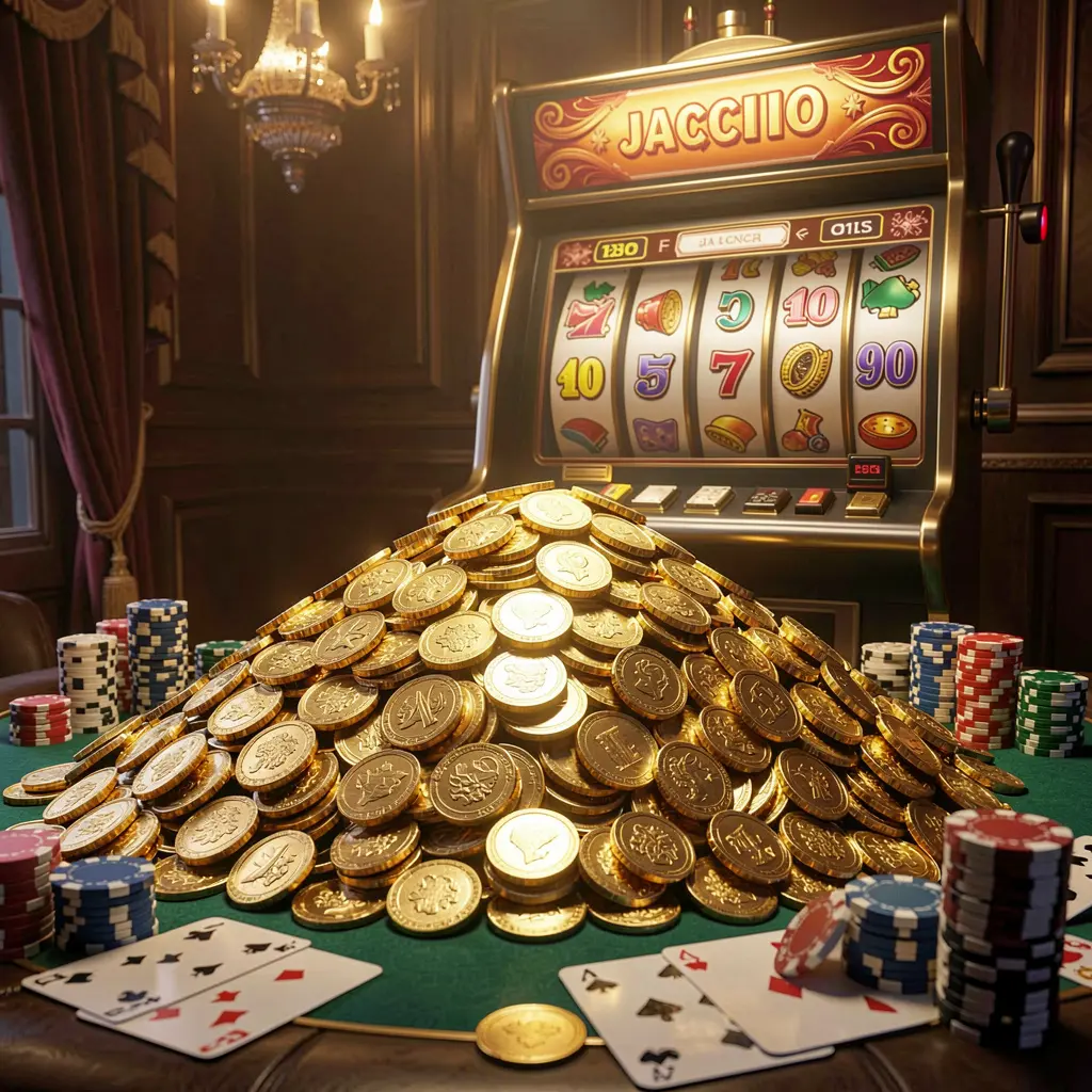 9V9V online casino jackpot bonus scene with a massive pile of golden coins, slot machine in the background, glowing jackpot lights, poker chips and playing cards on a luxury table under dramatic cinematic lighting