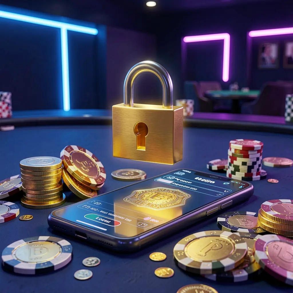 9V9V casino login security image featuring a glowing padlock floating above a smartphone with golden coins and chips scattered around on a dark blue neon background