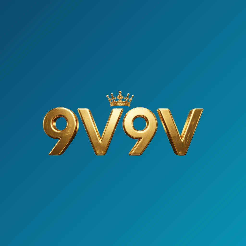 Luxury 9V9V brand logo featuring a gold metallic finish with a crown above the letters, designed as a horizontal rectangular wordmark on a transparent background for a website header