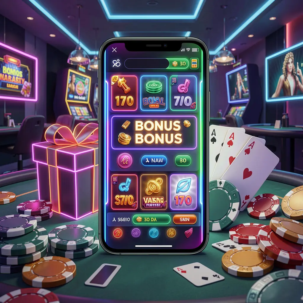 Modern casino website hero scene featuring a smartphone with a glowing interface surrounded by bonus gift box, chips, coins, and playing cards in a premium neon casino style, showcasing 9V9V's responsible gaming theme